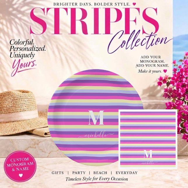 Farbenfrohe Streifen mit Monogramm Schriftzug  Pappteller (Colorful Stripes Collection -Monogram and Script-Purple Pink Yellow and Blue)