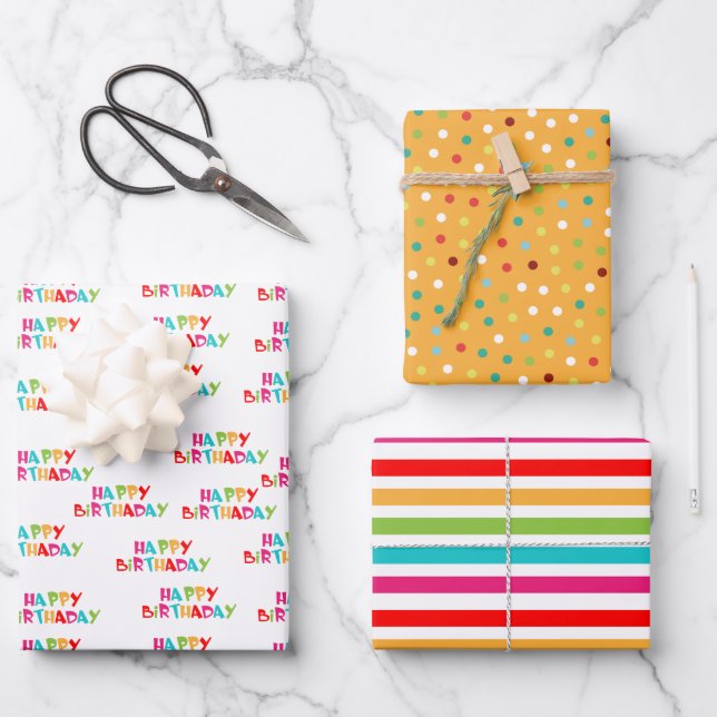 Farbenfrohe Streifen polka dots Happy Birthday Geschenkpapier Set (Vorderseite)