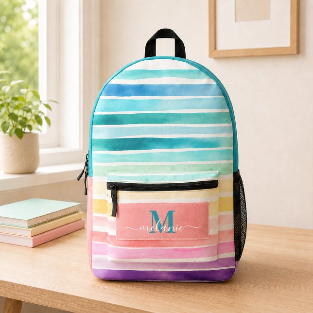 Farbenfrohe Streifen Rainbow Custom Monogram Name Bedruckter Rucksack (Colorful Stripes Rainbow Custom Monogram Name Printed Backpack)