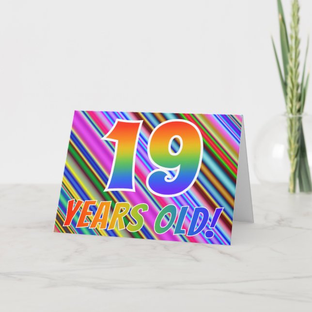 Farbenfrohe Streifen + Regenbogenmuster "19 Jahre  Karte (Vorderseite)