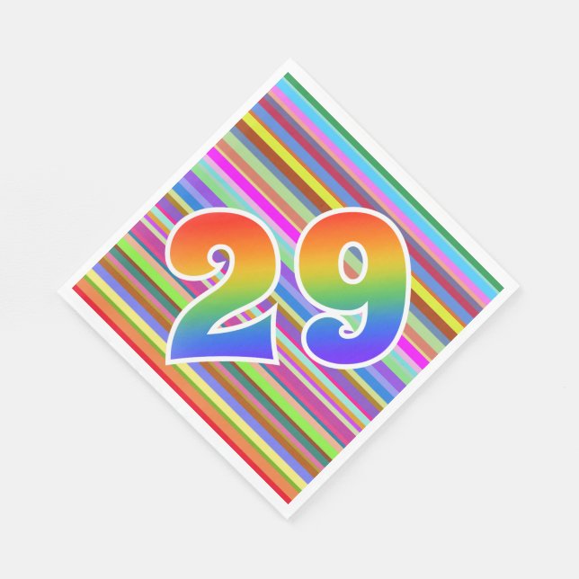 Farbenfrohe Streifen + Regenbogenmuster "29" Event Serviette (Ecke)