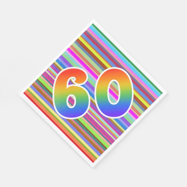 Farbenfrohe Streifen + Regenbogenmuster "60" Event Serviette (Ecke)
