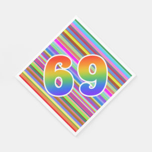 Farbenfrohe Streifen + Regenbogenmuster "69" Event Serviette