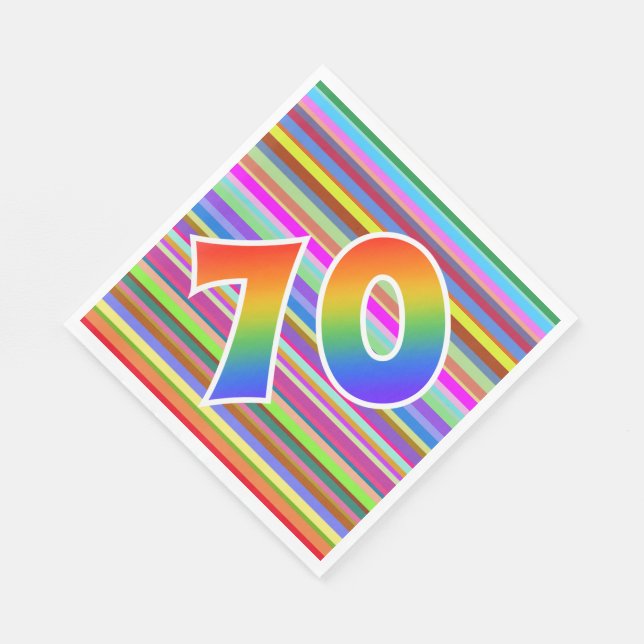 Farbenfrohe Streifen + Regenbogenmuster "70" Event Serviette (Ecke)
