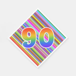 Farbenfrohe Streifen + Regenbogenmuster "90" Event Serviette