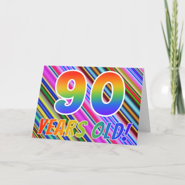 Farbenfrohe Streifen + Regenbogenmuster "90 Jahre  Karte (Vorderseite)