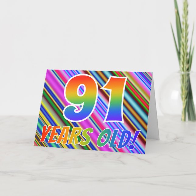 Farbenfrohe Streifen + Regenbogenmuster "91 Jahre  Karte (Vorderseite)