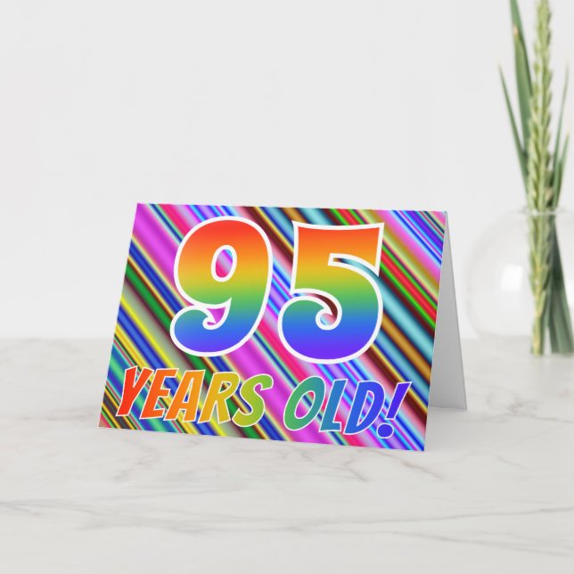 Farbenfrohe Streifen + Regenbogenmuster "95 Jahre  Karte (Vorderseite)