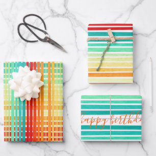 Farbenfrohe Streifen Tropische Pinselstriche Gebur Geschenkpapier Set