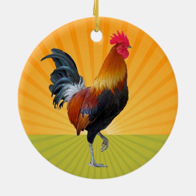 Farbenfrohe Strutting-Roosterdekoration Keramikornament (Hinten)