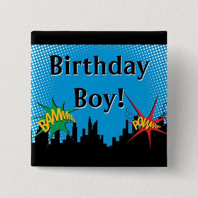Farbenfrohe Superhero Comic Boy's Geburtstagsparty Button (Vorderseite)