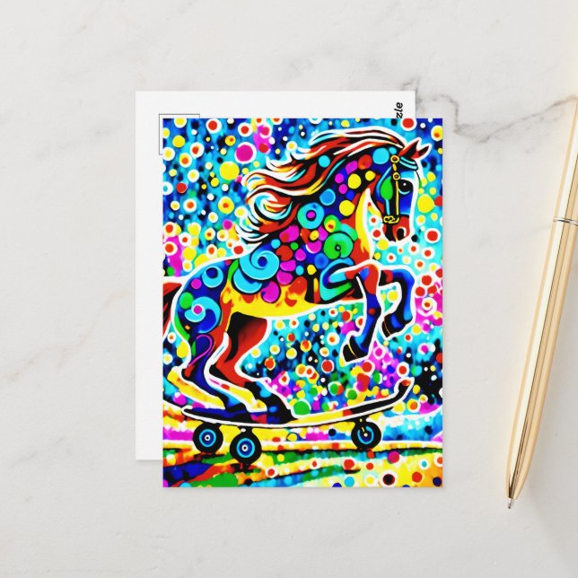 Farbenfrohe Surreal Horn Skateboarding Postkarte (Vorderseite/Rückseite Beispiel)