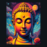 Farbenfrohe Surreal Pop Art | Guatama Buddha Poster<br><div class="desc">Das Bild zeigt ein surreales Portrait von Buddha. Der Buddha ist umgeben von einer farbenfrohen Landschaft mit Bergen,  Blume und Planeten im surrealen Hintergrund. Die Stimmung des Bildes ist insgesamt ruhig.</div>