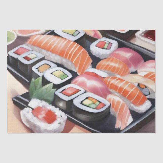 Farbenfrohe Sushi auf schwarzem Platter Seidenpapier (Vorderseite)