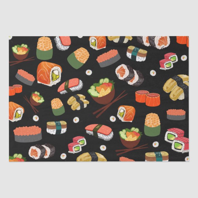 Farbenfrohe Sushi im schwarzen Hintergrund Seidenpapier (Vorderseite)