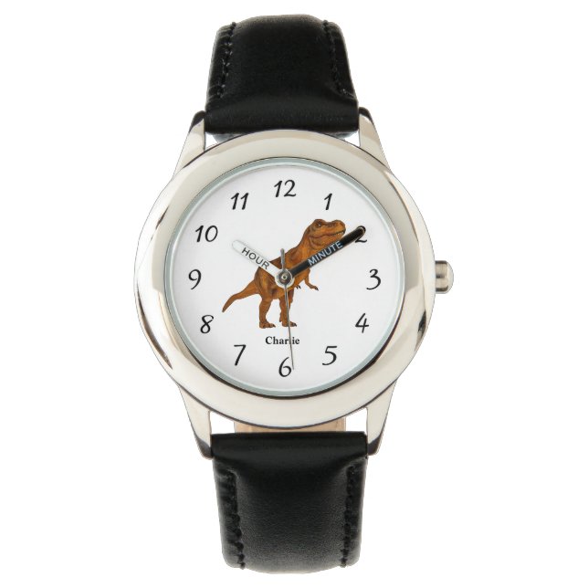Farbenfrohe T-Rex Dinosaur Kid's Name Personalisie Armbanduhr (Vorderseite)