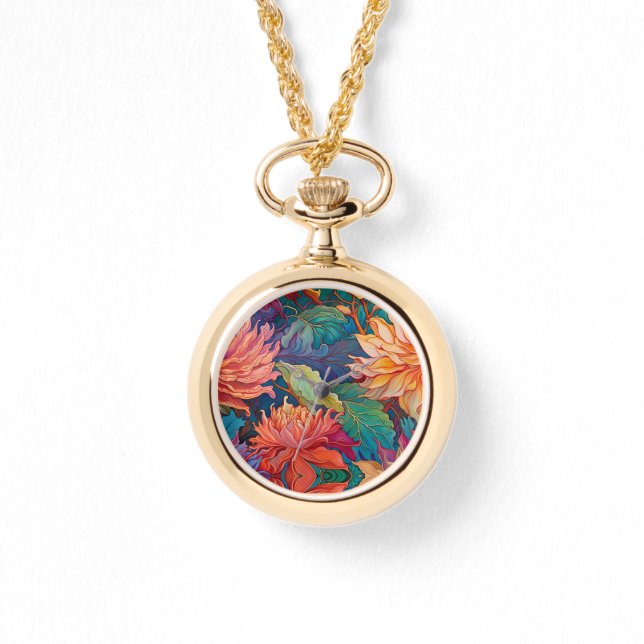 Farbenfrohe Tapisserie Dahlia Armbanduhr (Vorderseite)