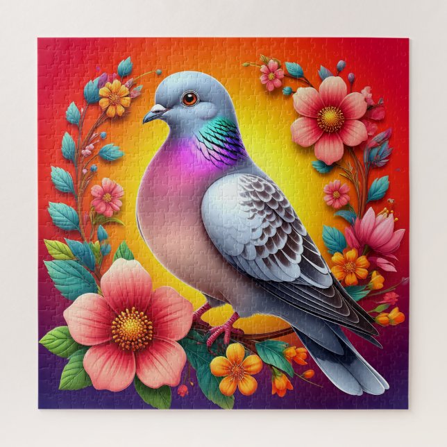 Farbenfrohe Taube umgeben von lebhaften Blume (Vertikal)
