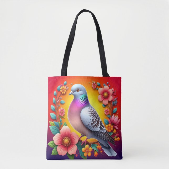 Farbenfrohe Taube umgeben von lebhaften Blume Tasche (Vorderseite)