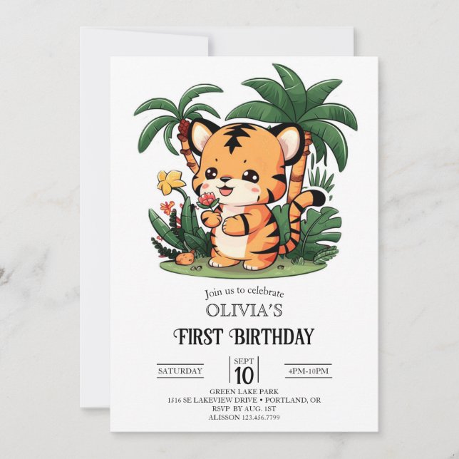 Farbenfrohe Tiger 1. Geburtstag Digital Einladung (Vorderseite)