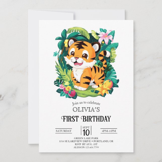 Farbenfrohe Tiger 1. Geburtstag digital Einladung (Vorderseite)
