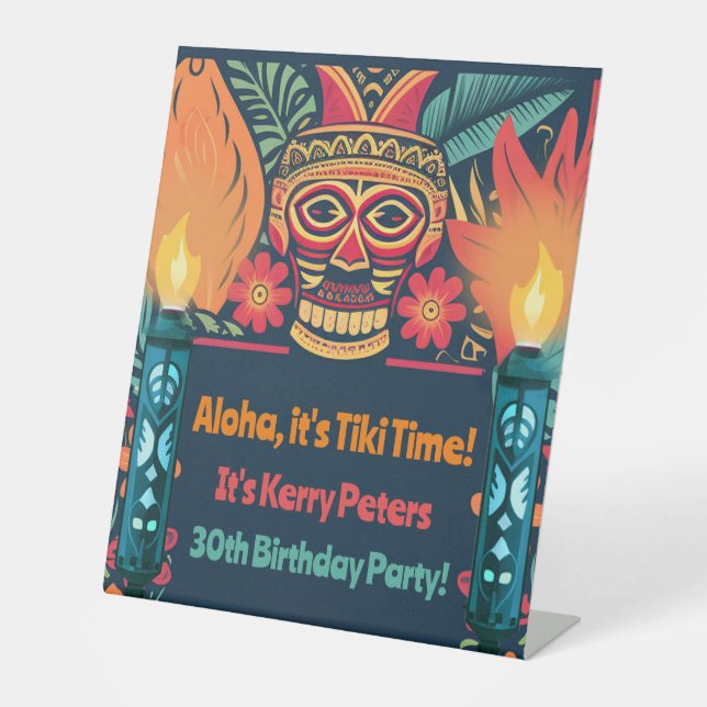 Farbenfrohe Tiki Luau Skull Backyard Birthday Part Sockelschild (Vorderseite)
