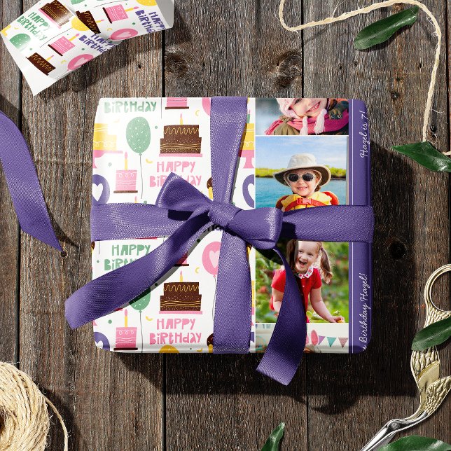 Farbenfrohe Tortenmuster Happy Birthday mit Name F Geschenkpapier (Von Creator hochgeladen)