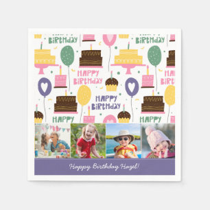 Farbenfrohe Tortenmuster Happy Birthday mit Name F Serviette