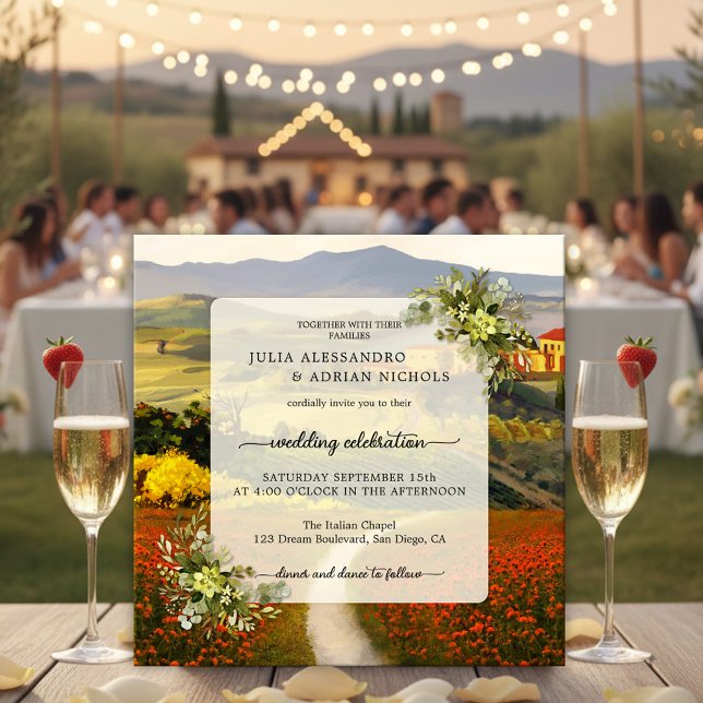 Farbenfrohe toskanische Landschaft Einladung zur H (Italian wedding invitation featuring a fine art painting of an Italy inspired landscape scene)