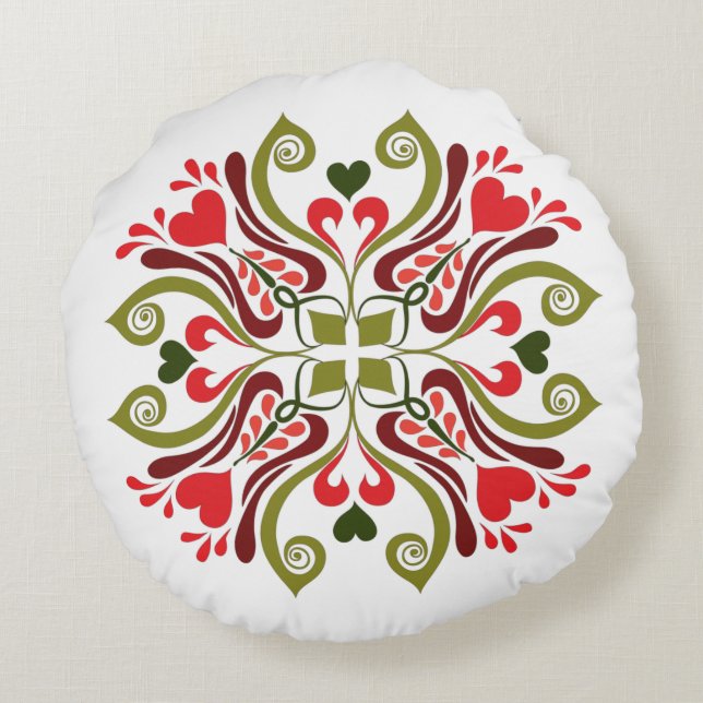 Farbenfrohe traditionelle ungarische Blumenmotive Rundes Kissen (Rückseite)