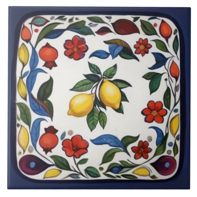 Farbenfrohe traditionelle Volksblumen Fliese (Vorderseite)
