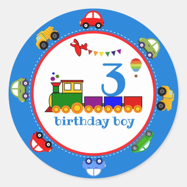 Farbenfrohe Transport Baby Boy Birthday Classic Runder Aufkleber (Vorderseite)
