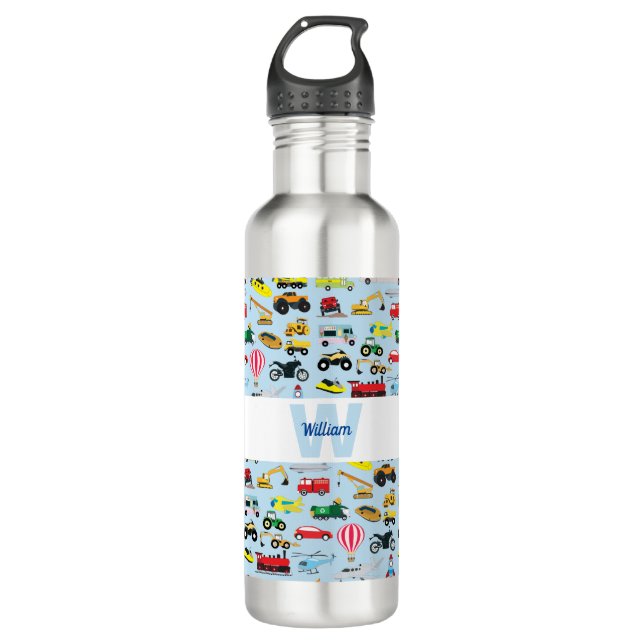 Farbenfrohe Transportmittel & Fahrzeuge Kindermust Edelstahlflasche (Vorderseite)
