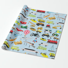 Farbenfrohe Transportmittel & Fahrzeuge Kindermust Geschenkpapier