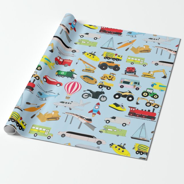 Farbenfrohe Transportmittel & Fahrzeuge Kindermust Geschenkpapier (Ungerollt)