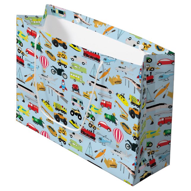 Farbenfrohe Transportmittel & Fahrzeuge Kindermust Große Geschenktüte (Vorderseite Schrägansicht)
