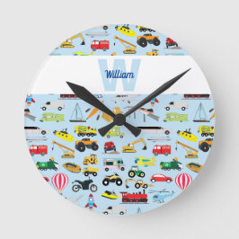 Farbenfrohe Transportmittel & Fahrzeuge Kindermust Runde Wanduhr