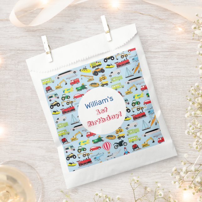 Farbenfrohe Transportmittel & Fahrzeuge Name der K Geschenktütchen (Ausgeschnitten)