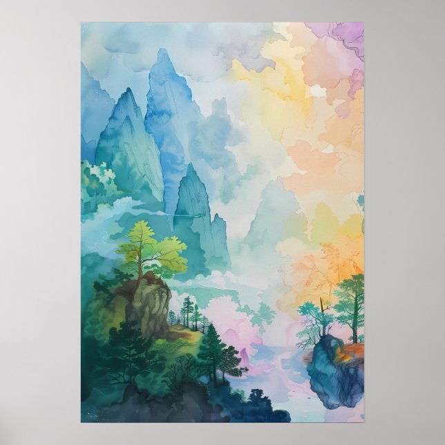 Farbenfrohe Traumlandschaft mit Bäumen und Bergen Poster (Vorne)