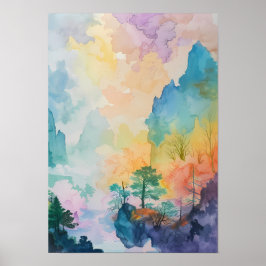 Farbenfrohe Traumlandschaft mit Bäumen und Bergen Poster