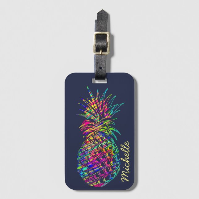 Farbenfrohe trendy tropische Ananas Personalisiert Gepäckanhänger (Vorderseite Vertikal)