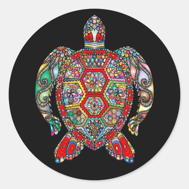 Farbenfrohe Tribal Sea Turtle Runder Aufkleber (Vorderseite)