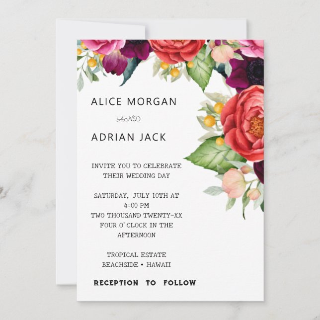 Farbenfrohe Tropenblumenhochzeit Einladung (Vorderseite)