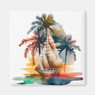 Farbenfrohe Tropenpalme und Segelboot Magnet