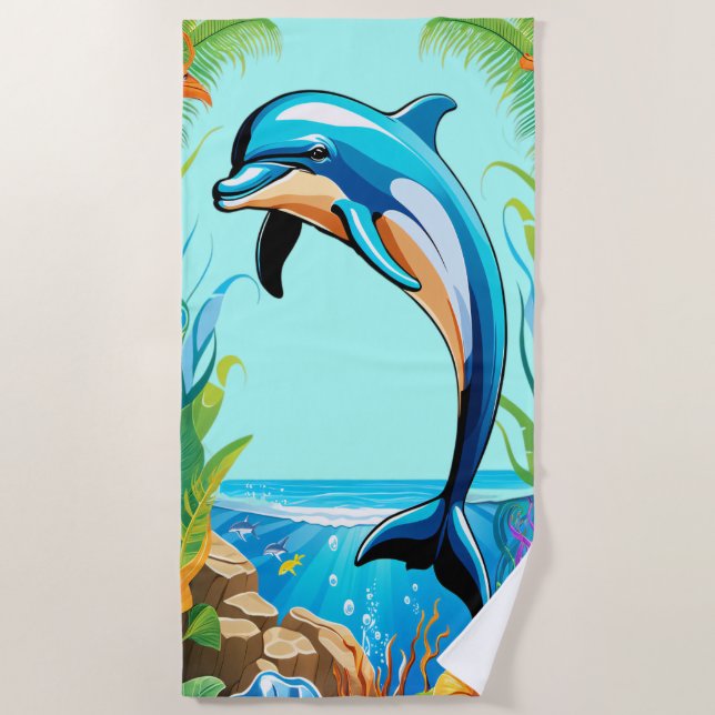 Farbenfrohe Tropical Beach Dolphin Jumping Strandtuch (Vorderseite)