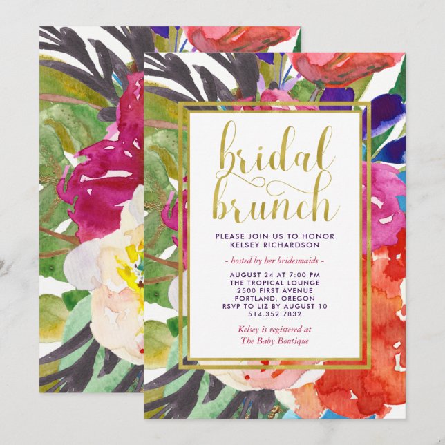 Farbenfrohe Tropical Bridal Brunch Einladung (Vorne/Hinten)