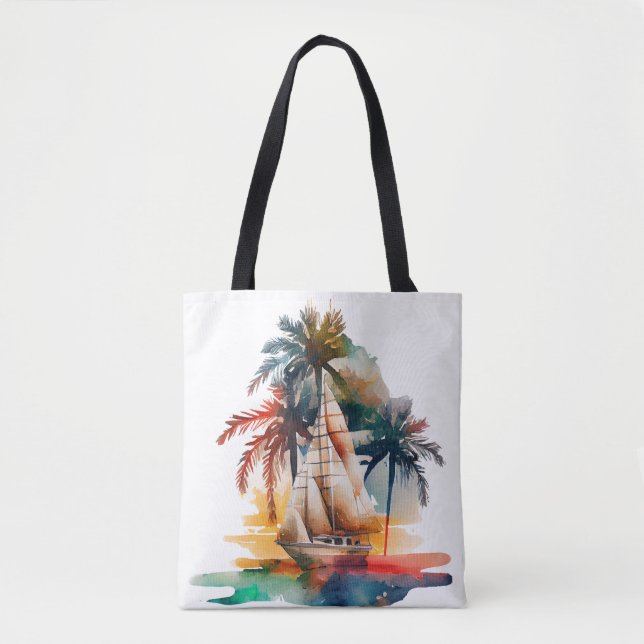 Farbenfrohe Tropical Palm Sailboat Toag Tasche (Vorderseite)