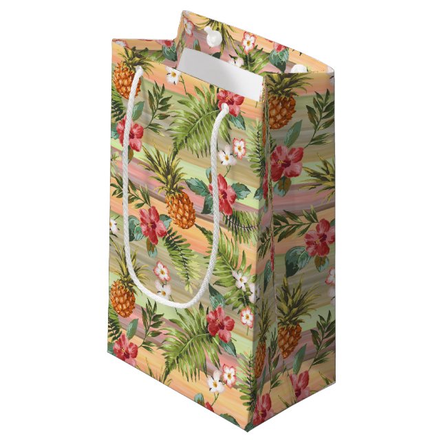 Farbenfrohe tropische Ananas Blumenmuster Kleine Geschenktüte (Vorderseite Schrägansicht)