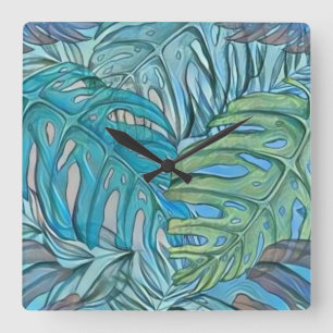 Farbenfrohe tropische Blätter Aquarell Quadratische Wanduhr