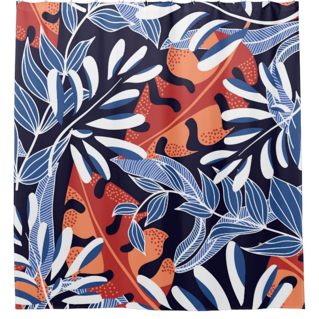 Farbenfrohe tropische Blätter Blauer Hintergrund Duschvorhang (Vorderseite)